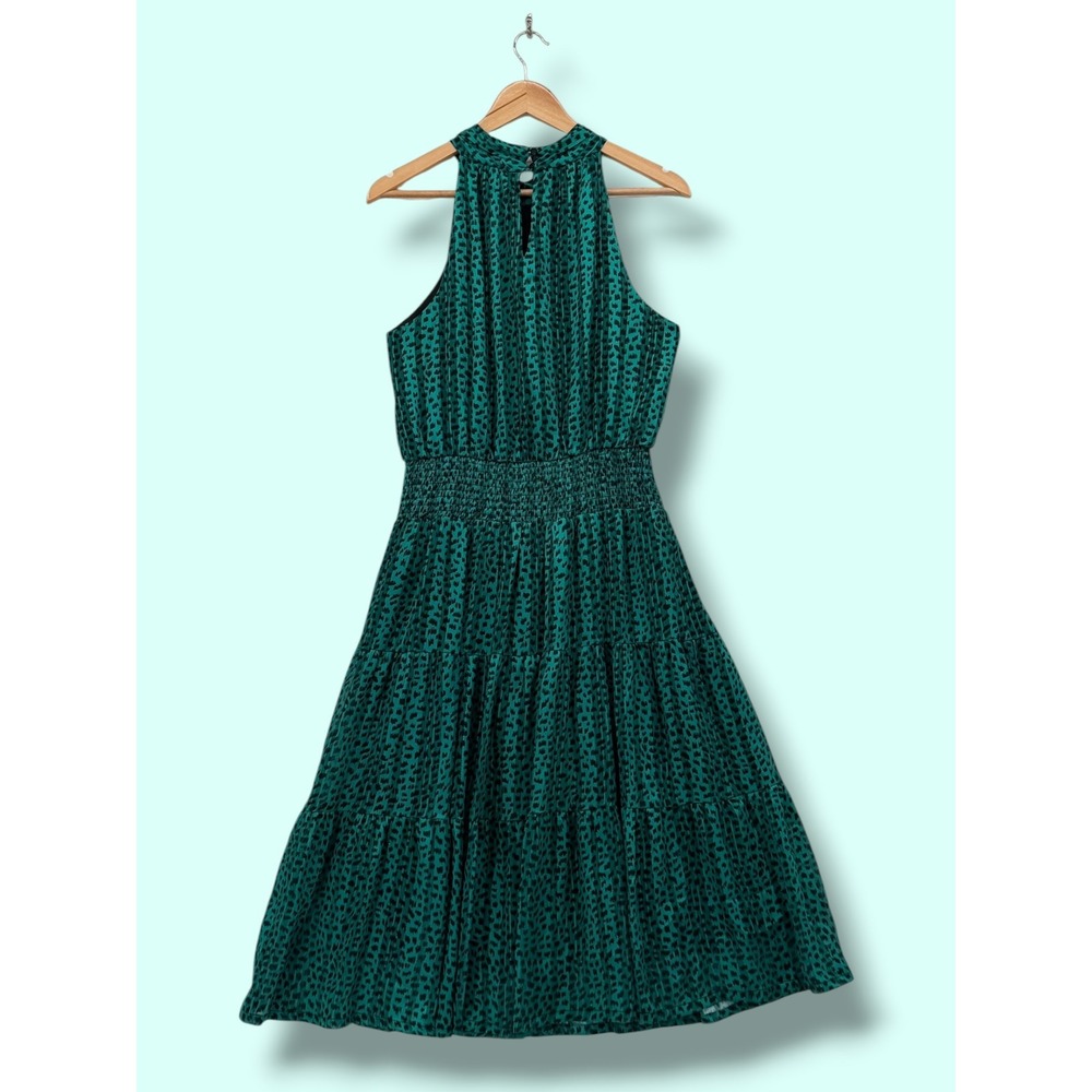Jade Melody Tam Animal Print Metallic Halter Smocked‎ Midi Dress Green Size L